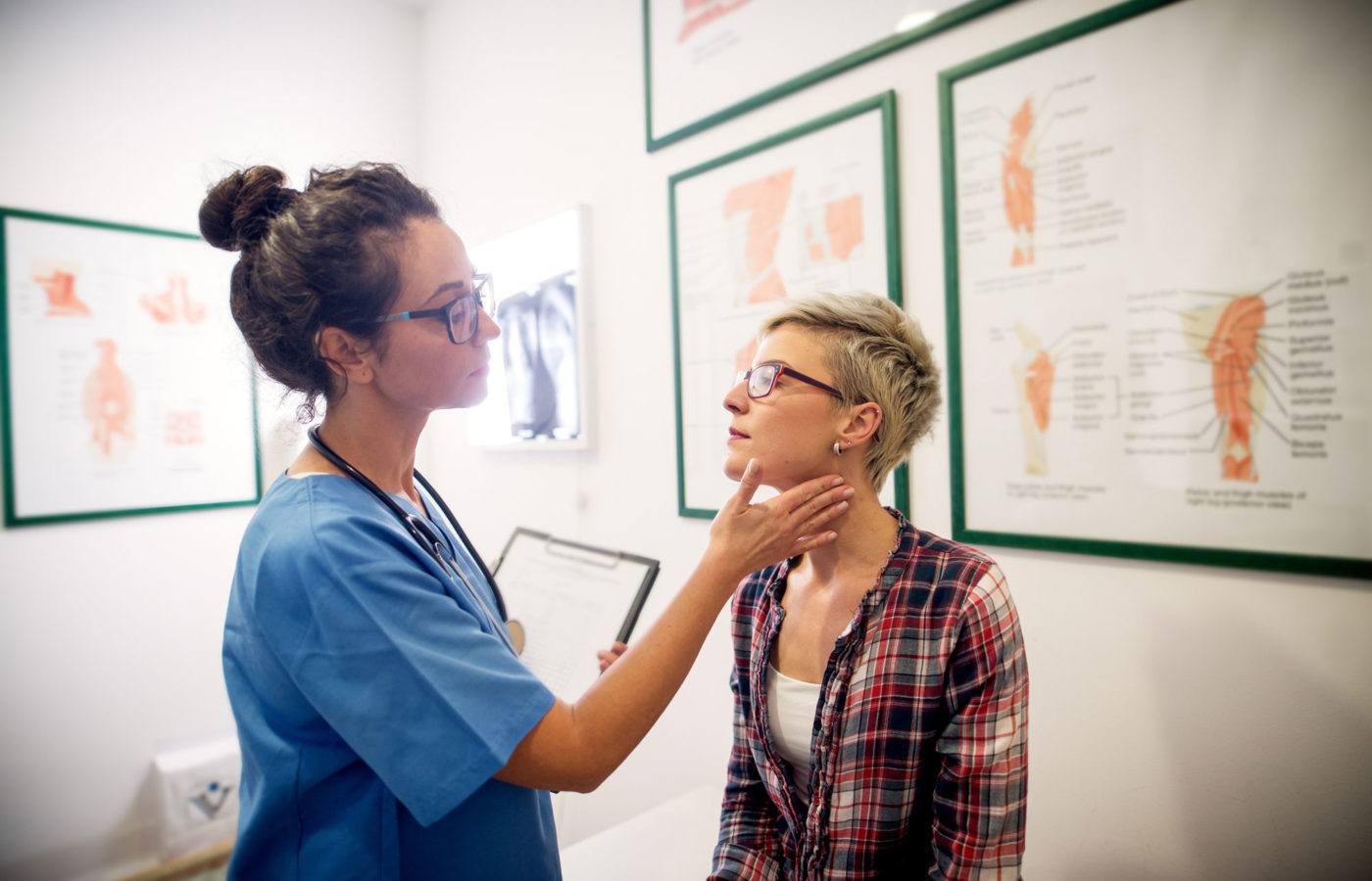 Female doctor checks young female's throat in exam