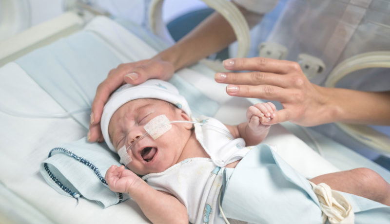 Small newborn baby cries in an incubator